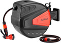 Retractable Garden Hose Reel 1/2 x 98.5 +6.6 ft, Heavy Duty Wall Mounted with 180° Swivel Bracket, 9 Pattern Nozzle, Auto Rewind, Black I7916