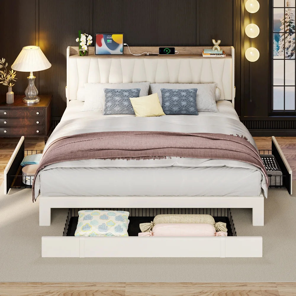 Queen Bed Frame with Upholstered Storage Headboard and 3 Drawers K2643
