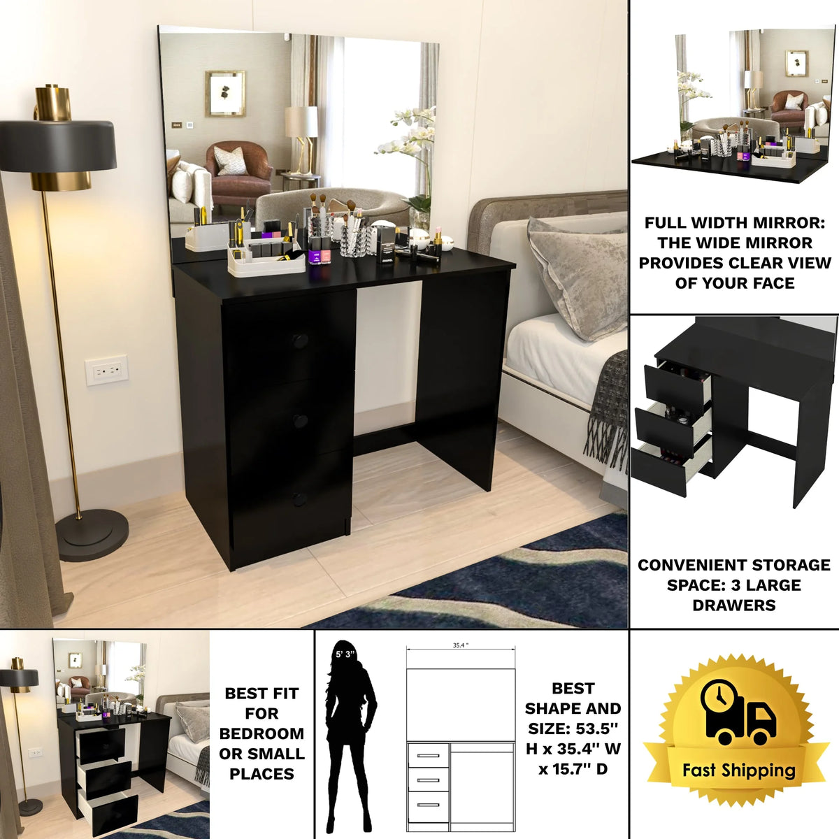 Black 3 Drawer Vanity Table with Mirror B8512