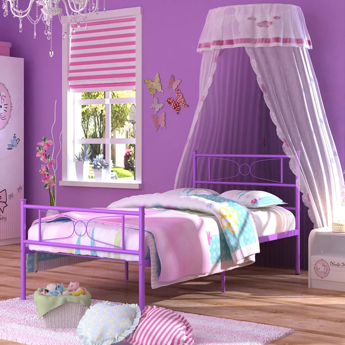 Pink Twin Metal Platform Bed with Headboard and Footboard P4880