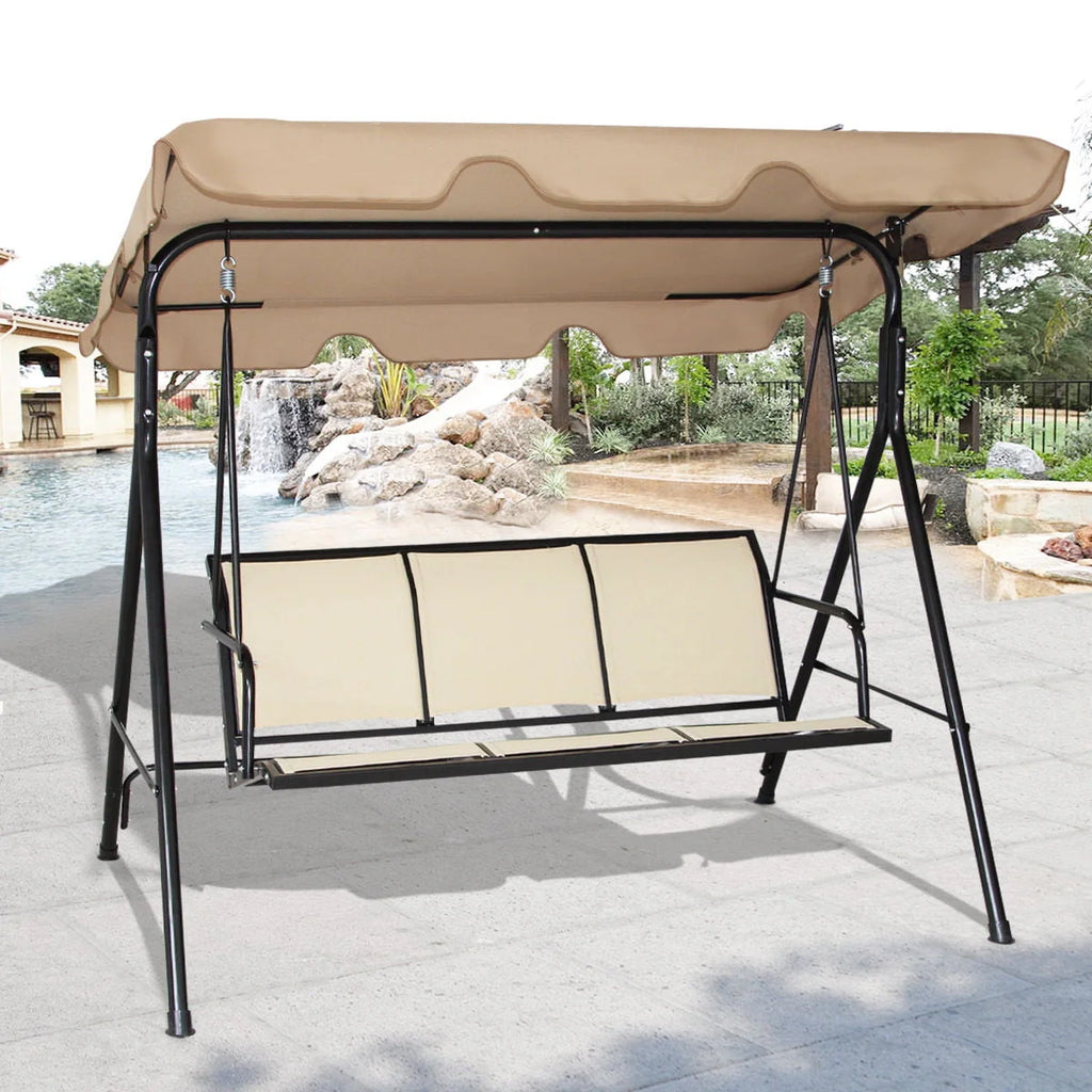 3 Person Beige Steel Canopy Patio Swing O79399