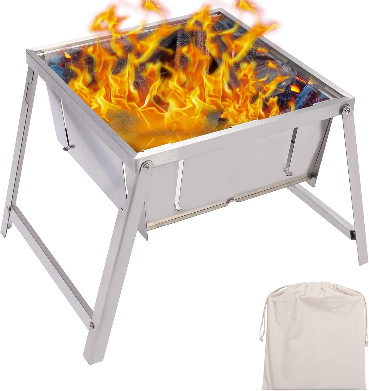 Portable Folding Stainless Steel Charcoal Grill and Fire Pit with Carry Bag I768905