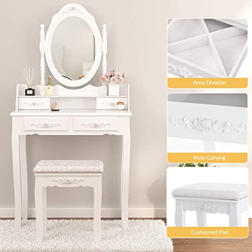 Makeup Vanity Set with Mirror and Stool, 4 Drawers W559