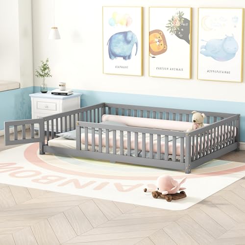 Gray Solid Wooden Kid Toddler Floor Bed with Safety Fence and Door C93315