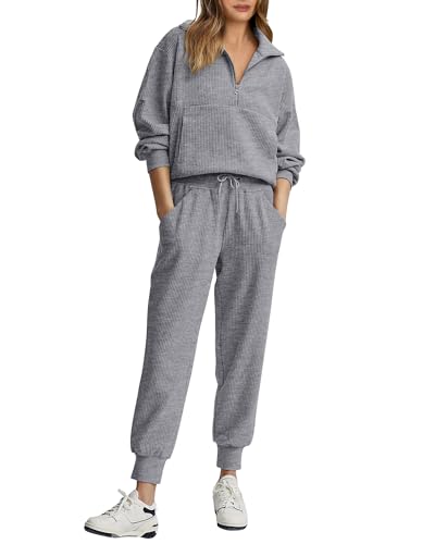 2 Piece Long Sleeve Half Zip Sweatshirt Sweatpants Lounge Set W865914