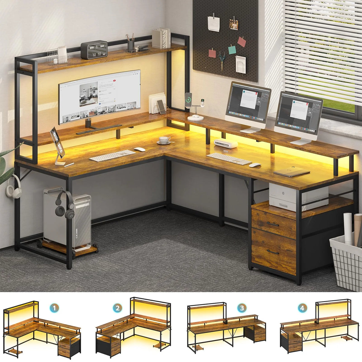 L Shaped Desk with Hutch, File Drawers, Keyboard Tray, Monitor Stand, Storage Shelves, Rustic Brown L1579