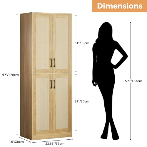 67" Tall Oak Rattan Storage Cabinet with Doors and Adjustable Shelves N807223