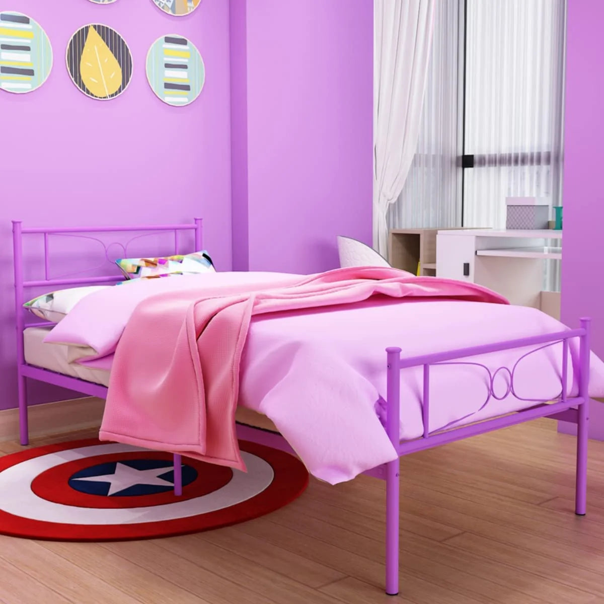 Pink Twin Metal Platform Bed with Headboard and Footboard P4880