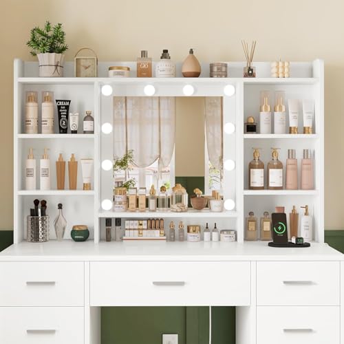 White Vanity Desk with 9 Drawers and Mirror J395