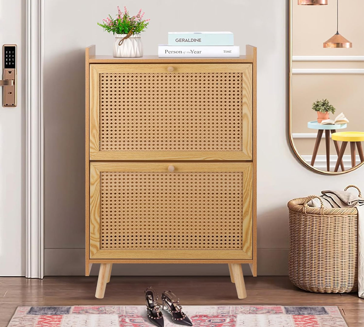 Brown Wooden Shoe Storage Cabinet with 2 Flip Drawers Rattan A60382