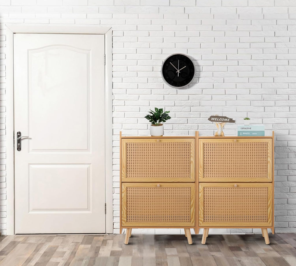 Brown Wooden Shoe Storage Cabinet with 2 Flip Drawers Rattan A60382