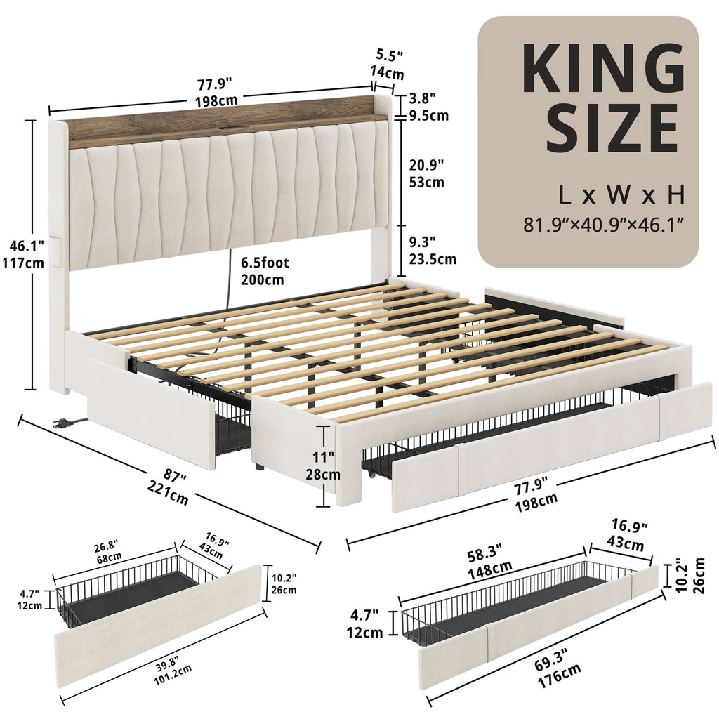 Queen Bed Frame with Upholstered Storage Headboard and 3 Drawers K2643