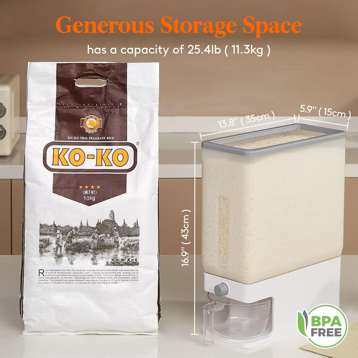 Rice Dispenser 25 Lbs (11.3kg) Rice Storage Container W334519