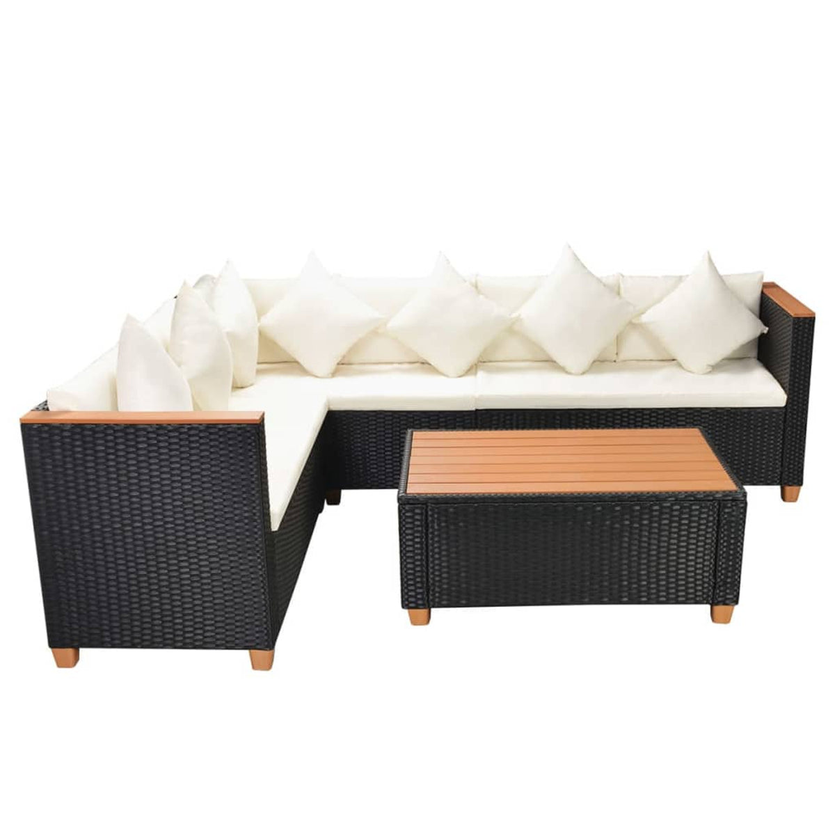 4 Piece Patio Lounge Set with White Cushions Black Poly Rattan 2-Seater Sofas with Corner Sofa and Coffee Table K10866