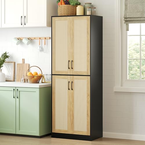 67" Tall Oak Rattan Storage Cabinet with Doors and Adjustable Shelves N807223
