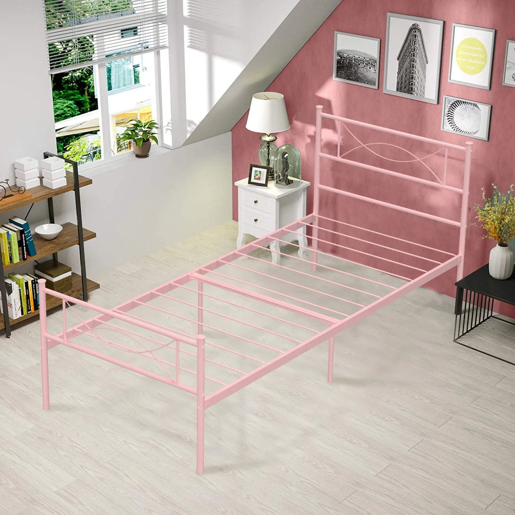 Pink Twin Metal Platform Bed with Headboard and Footboard P4880
