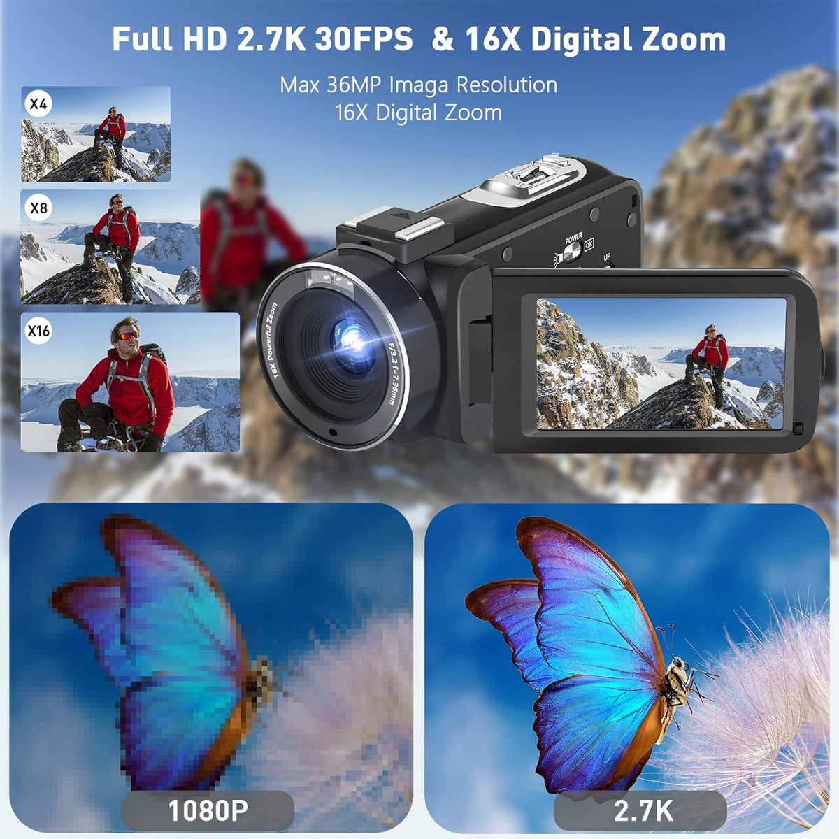 2.7K 30FPS 36MP 16X Vlogging Camera with Flip Screen and Two Batteries P173