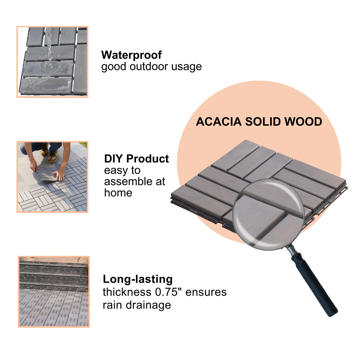 20 Piece Acacia Wood Interlocking Deck Tiles Y162616