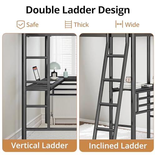 Black Twin Size L-Shaped Metal Loft Bed with 2 Built-in Desks and 2 Ladders Q81447