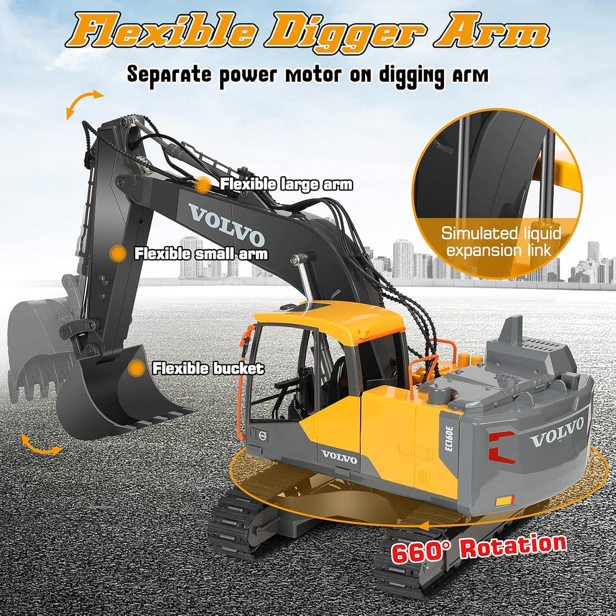 3 in 1 RC Excavator Construction Truck Metal Shovel and Drill 1/16 Scale Remote Control Excavator J577885