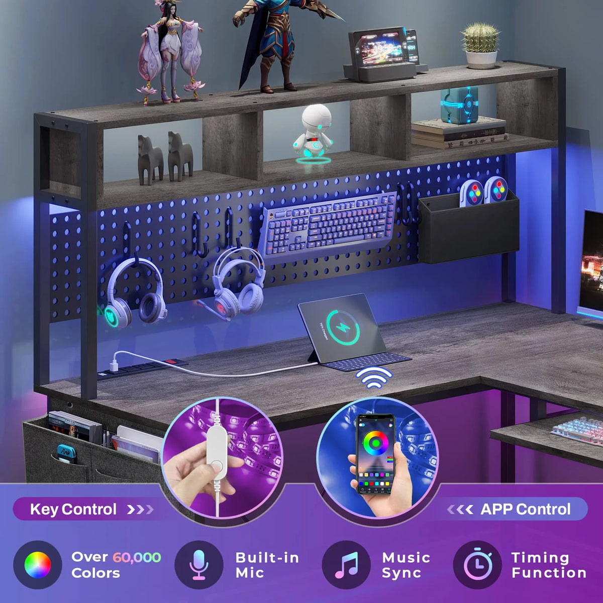 L Shaped Gaming Desk with Power Outlet and Pegboard H349