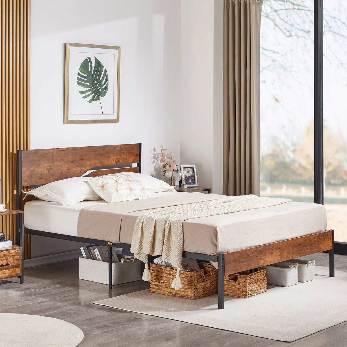 3-Piece Bedroom Set Full Bed Frame and 2 Brown Nightstands A577