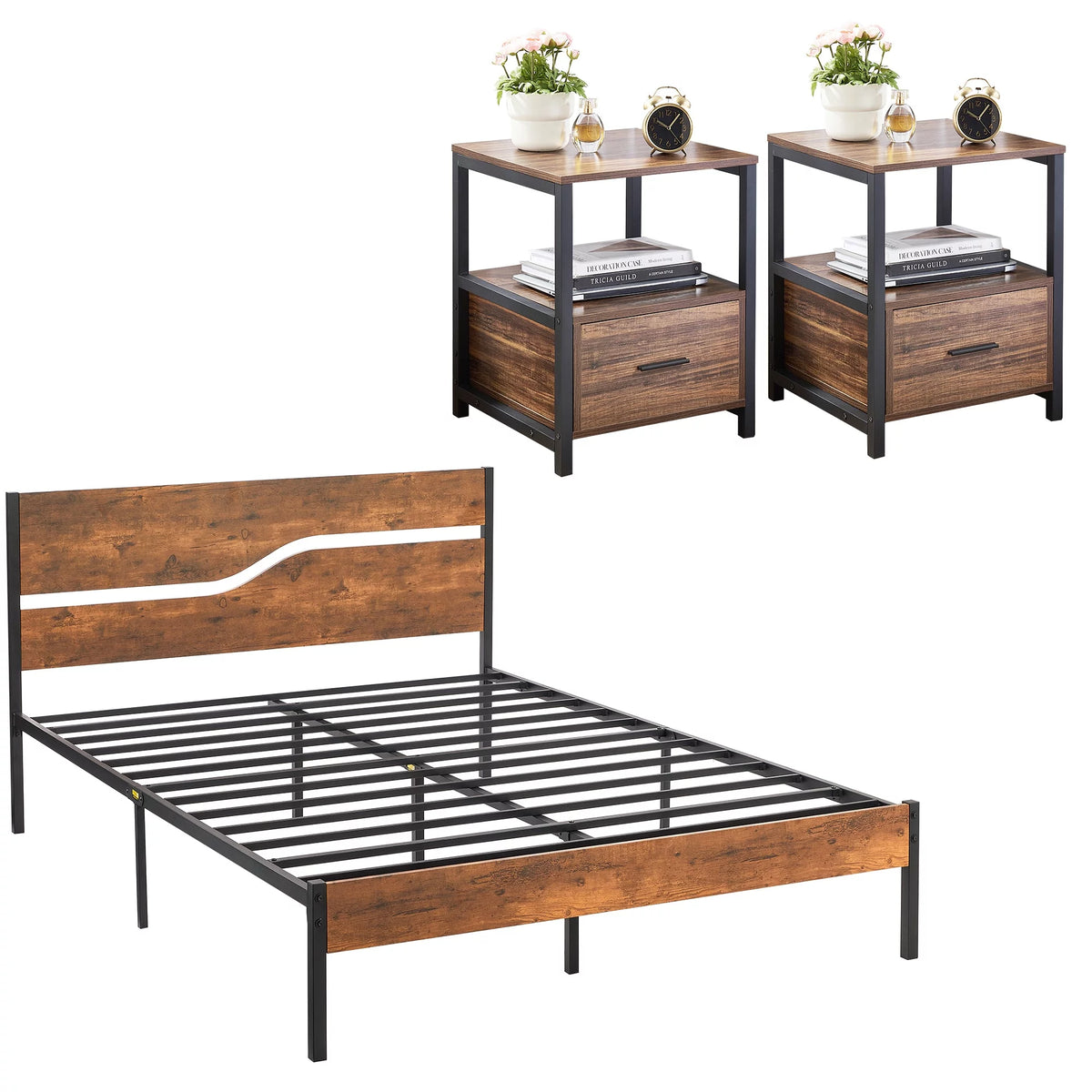 3-Piece Bedroom Set Full Bed Frame and 2 Brown Nightstands A577