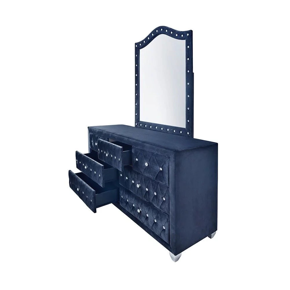 Blue Velvet 6Pc King Size Bed Dresser Mirror Nightstand Chest Set U292555