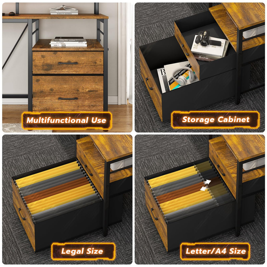 L Shaped Desk with Hutch, File Drawers, Keyboard Tray, Monitor Stand, Storage Shelves, Rustic Brown L1579