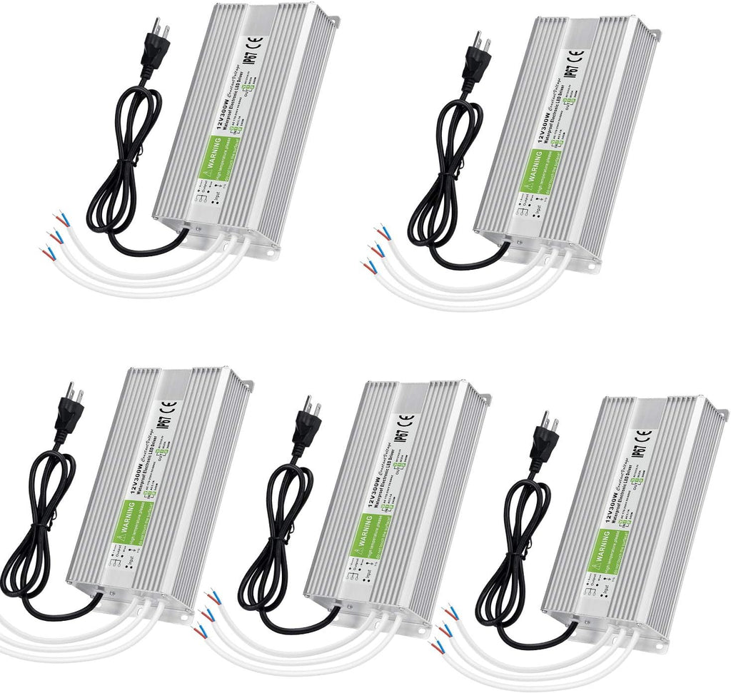 5 Pack Waterproof IP67 LED Power Supply Driver Transformer 300W 110V AC to 12V DC Low Voltage Output with 3-Prong Plug 3.3 Feet Cable T987