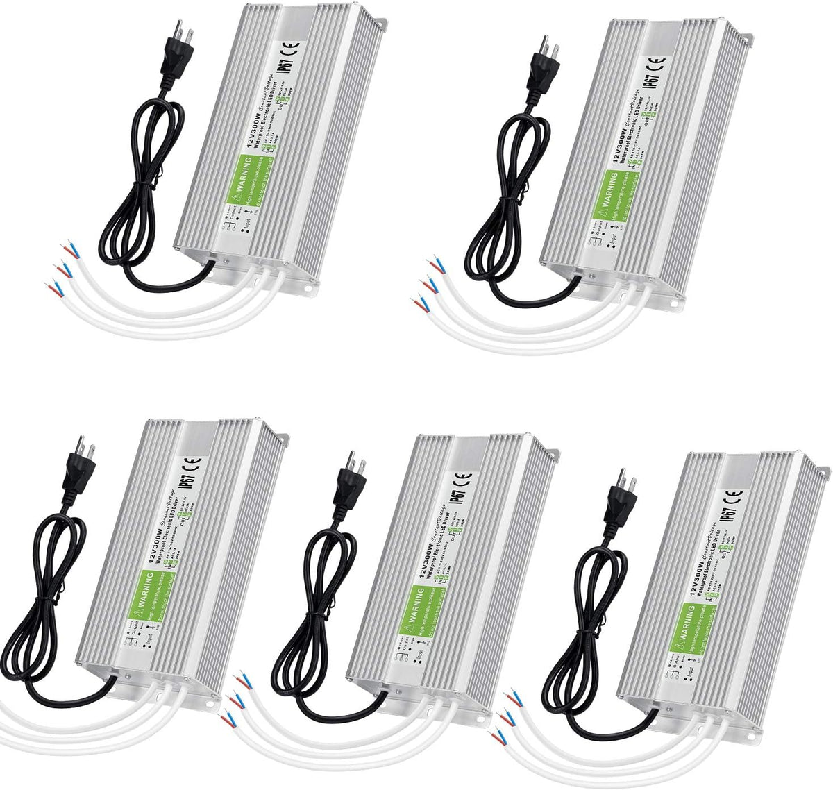 5 Pack Waterproof IP67 LED Power Supply Driver Transformer 300W 110V AC to 12V DC Low Voltage Output with 3-Prong Plug 3.3 Feet Cable T987