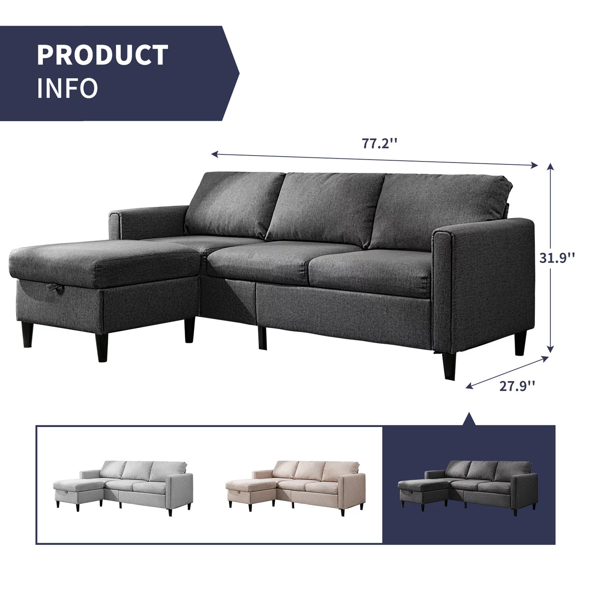 Small Sectional Sofa 3 Seater with Storage Ottoman Light Grey B650