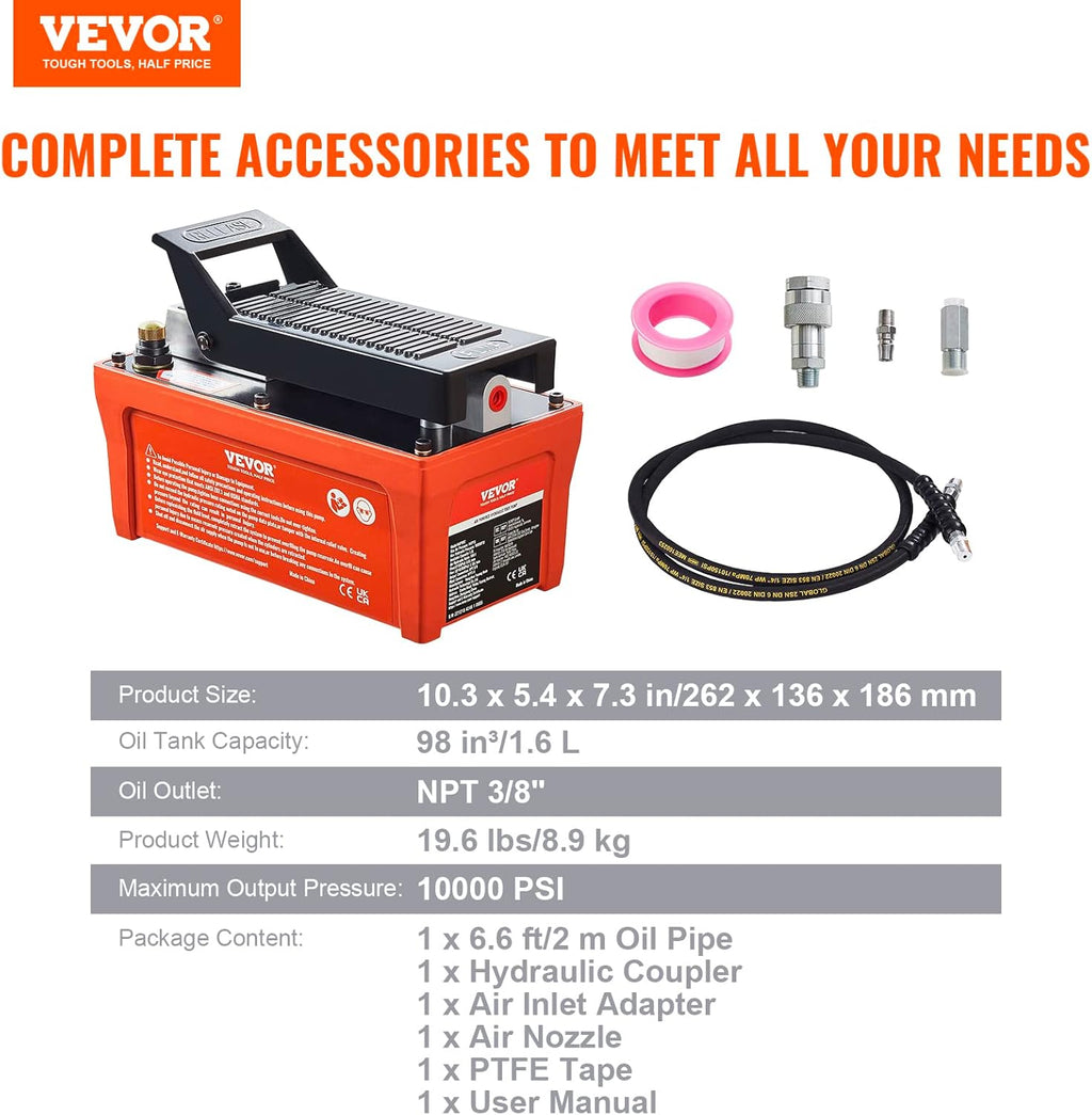 Air Hydraulic Pump, 10,000 PSI, 1/2 Gal Reservoir, Foot Actuated U69908