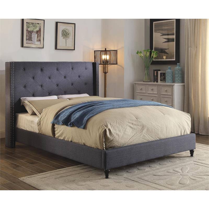 Blue Fabric and Wood Wingback California King Bed R343482
