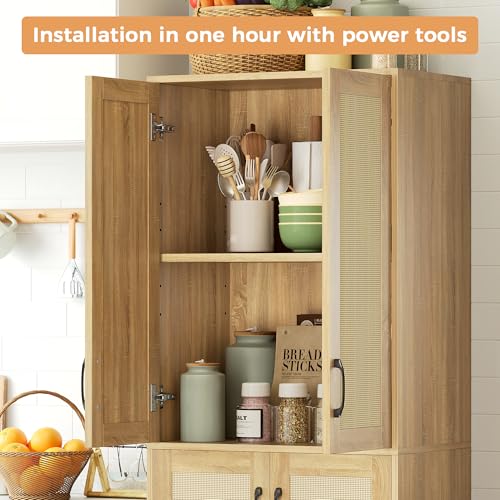 67" Tall Oak Rattan Storage Cabinet with Doors and Adjustable Shelves N807223