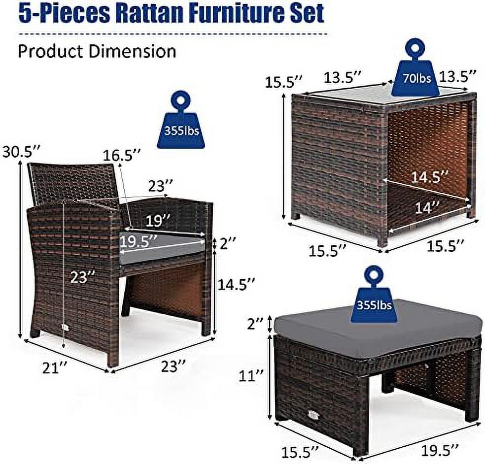 Patio Rattan Conversation Set with Cushioned Chair & Ottoman & Tempered Glass Coffee Table H820