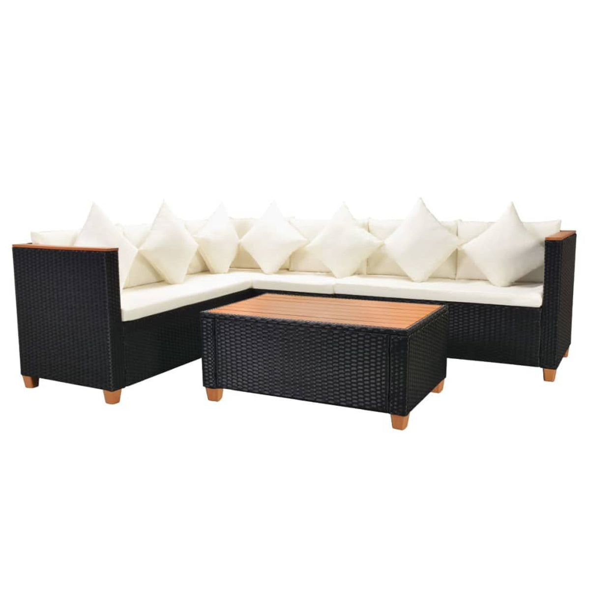 4 Piece Patio Lounge Set with White Cushions Black Poly Rattan 2-Seater Sofas with Corner Sofa and Coffee Table K10866