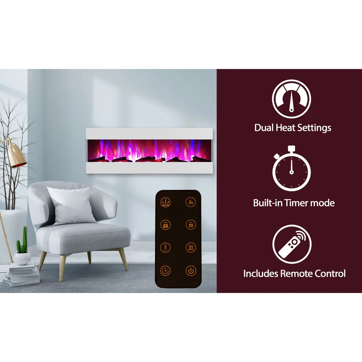 60 In. Recessed Electric Wall Mounted Fireplace Heater with Multi-color Flame E10318