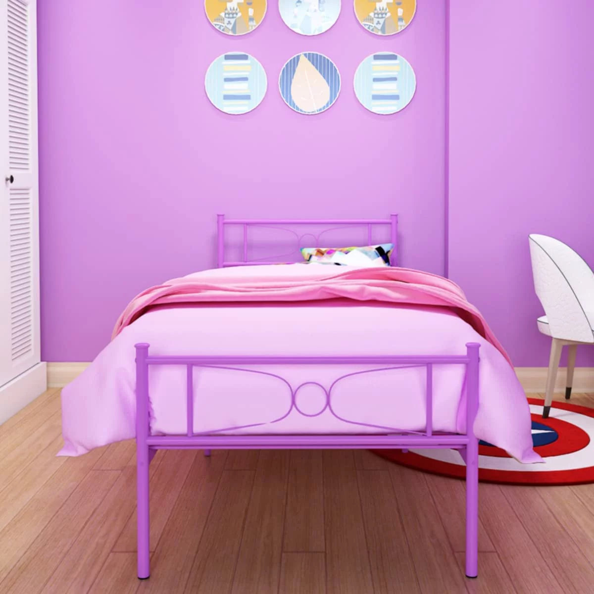 Pink Twin Metal Platform Bed with Headboard and Footboard P4880