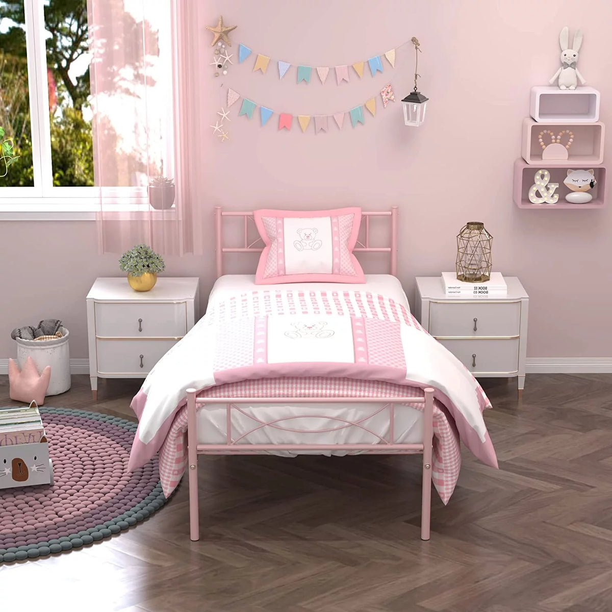 Pink Twin Metal Platform Bed with Headboard and Footboard P4880