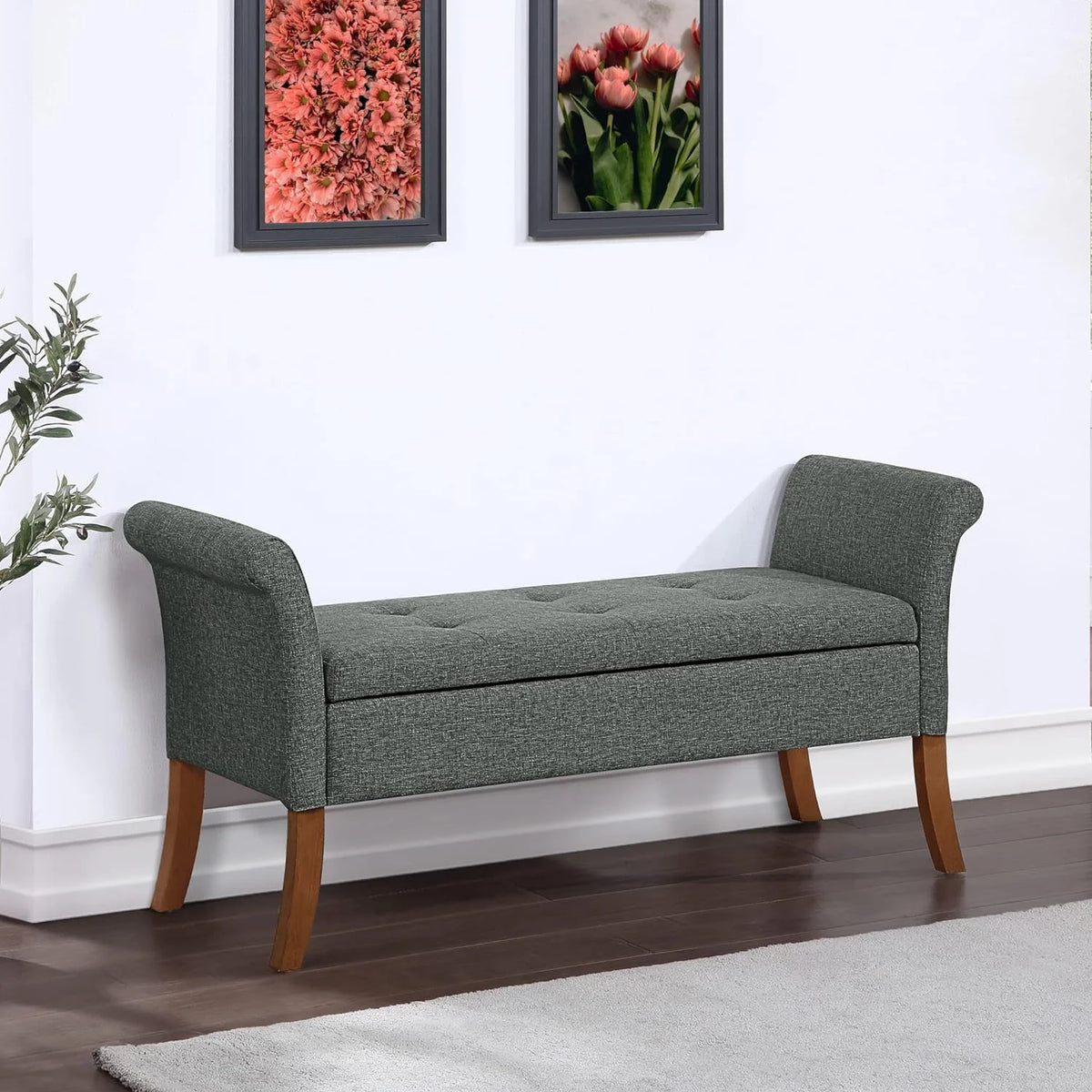 Light Charcoal Gray Fabric Storage Ottoman Bench T589