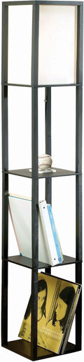 Modern Faux Wood Floor Lamp with Shelves and Ivory Linen Shade J181