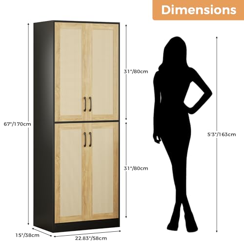 67" Tall Oak Rattan Storage Cabinet with Doors and Adjustable Shelves N807223