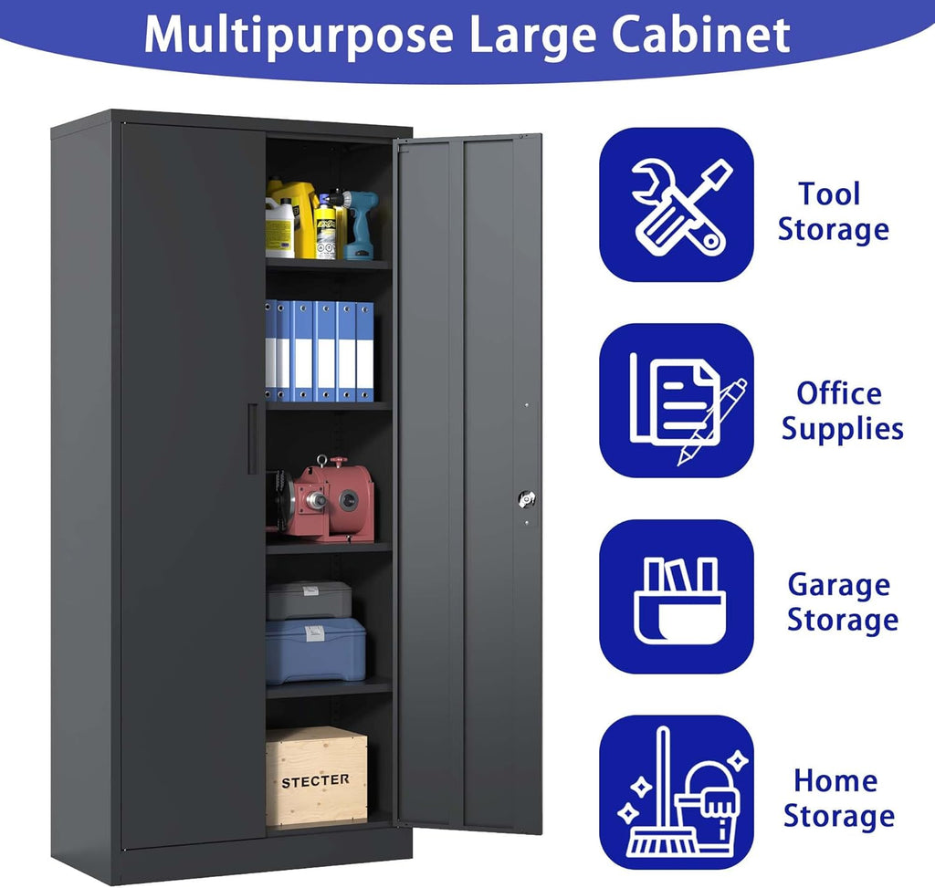 Black Metal Garage Storage Cabinet with Doors and 4 Shelves R4237
