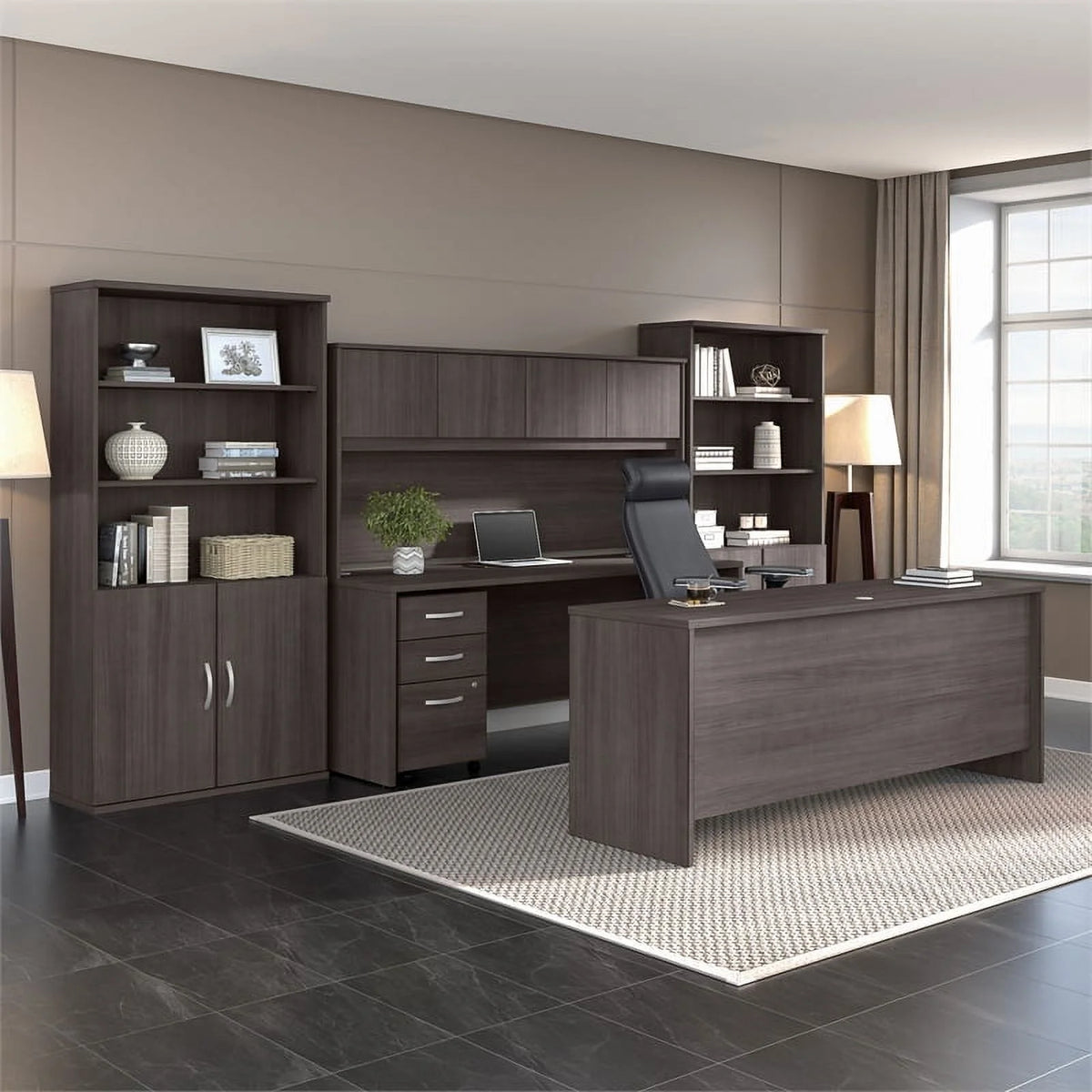 Gray Engineered Wood Office Desk with Drawers U96761