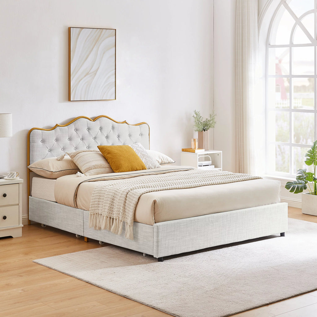 Queen Size Bed Frame with Drawers Storage Light Gray X502153