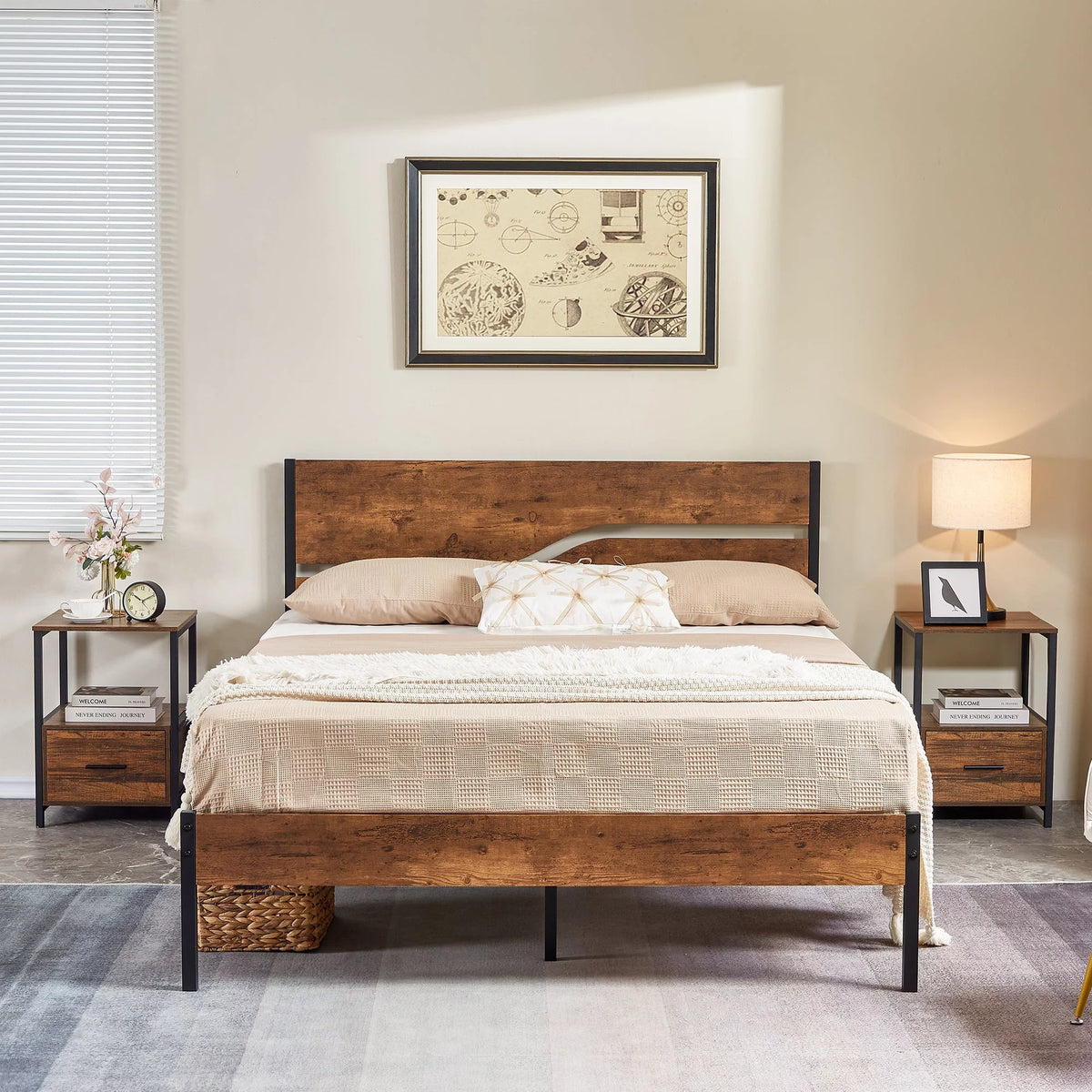 3-Piece Bedroom Set Full Bed Frame and 2 Brown Nightstands A577
