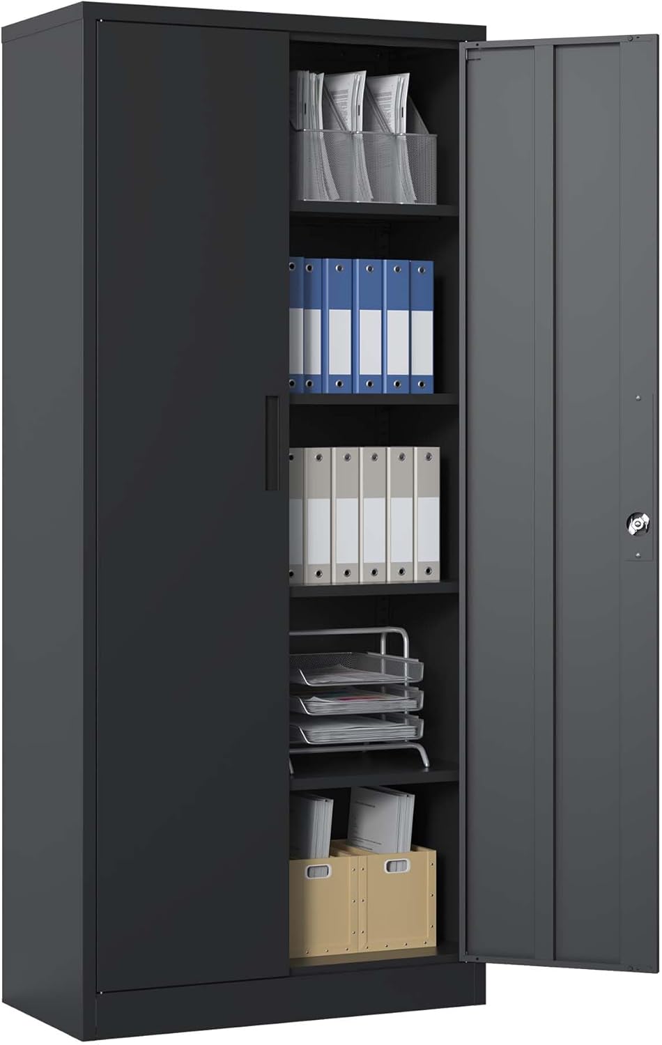 Black Metal Garage Storage Cabinet with Doors and 4 Shelves R4237