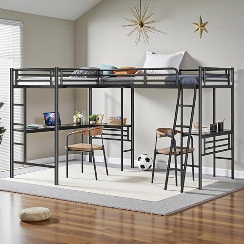 Black Twin Size L-Shaped Metal Loft Bed with 2 Built-in Desks and 2 Ladders Q81447