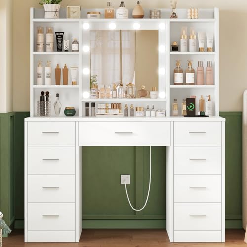 White Vanity Desk with 9 Drawers and Mirror J395